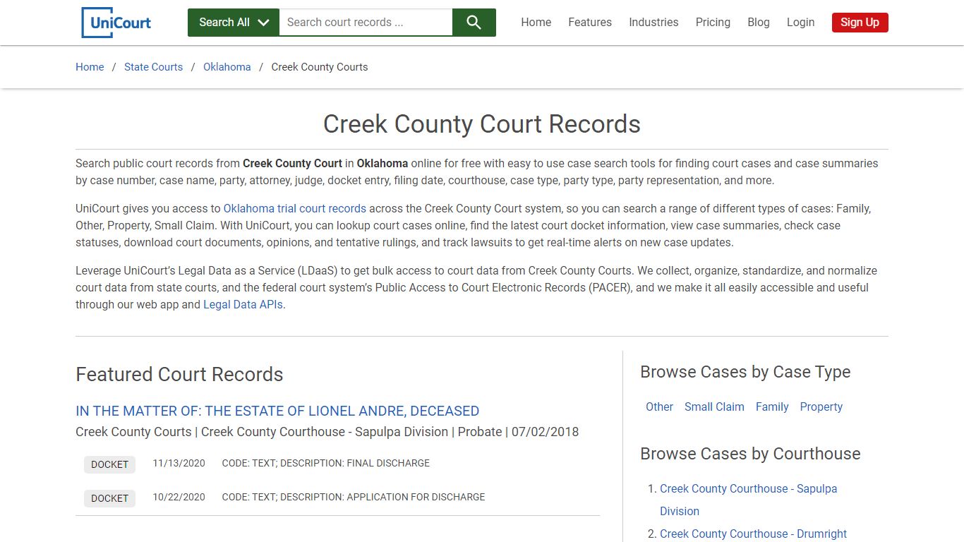 Creek County Court Records | Oklahoma | UniCourt